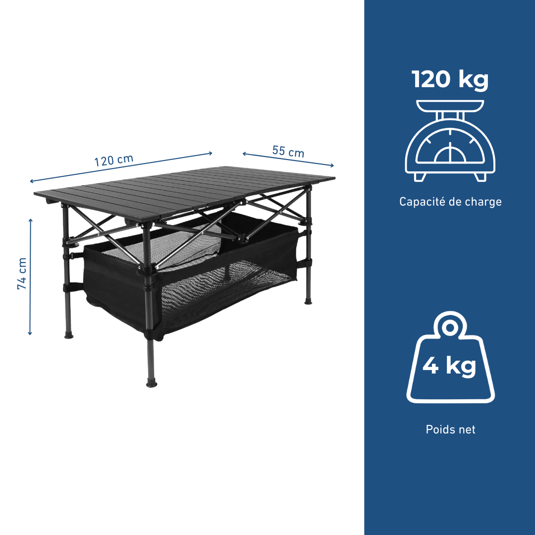Table de Camping Pliante avec Panier de Rangement