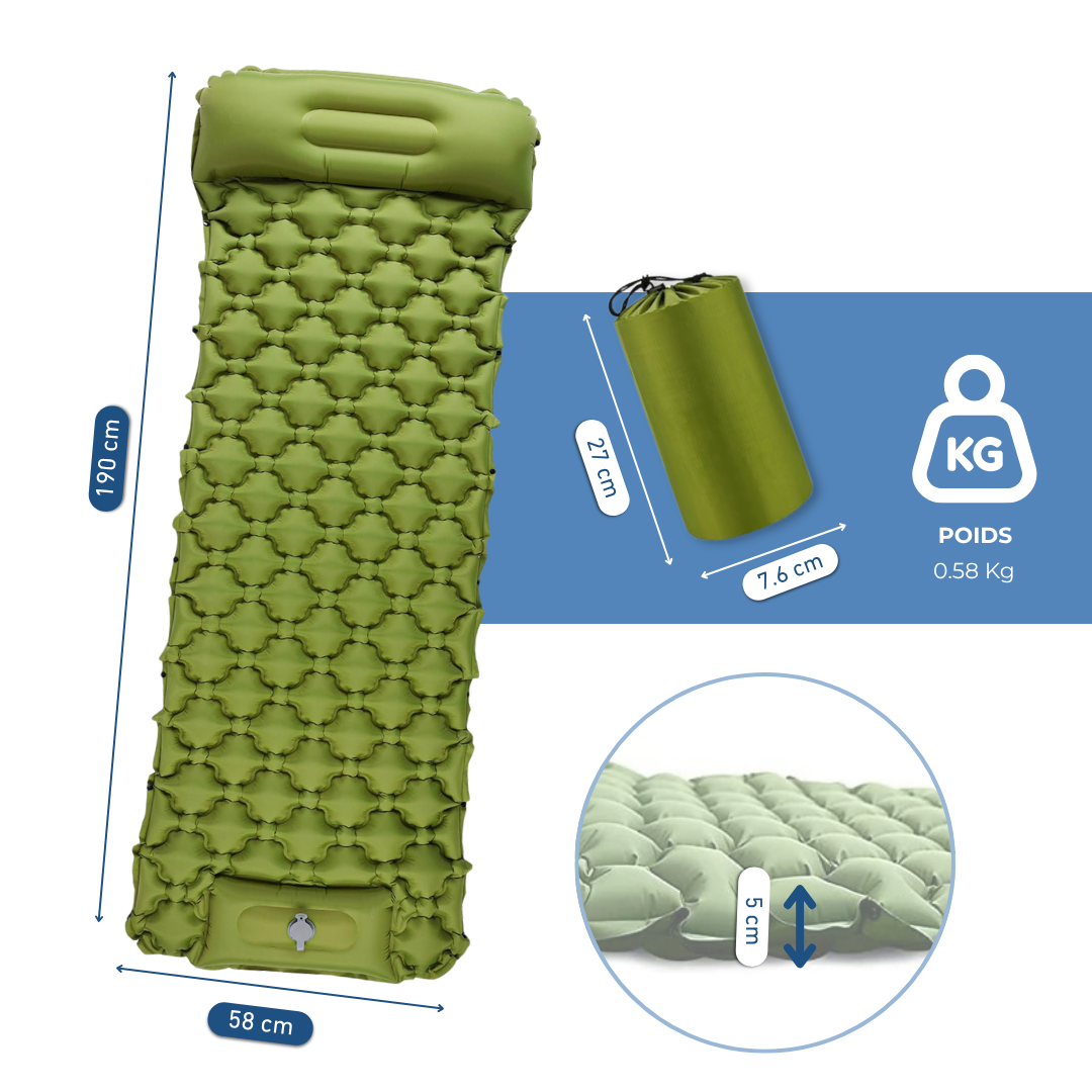 Matelas Gonflable Vert Ultraléger Avec Oreiller Pour Camping