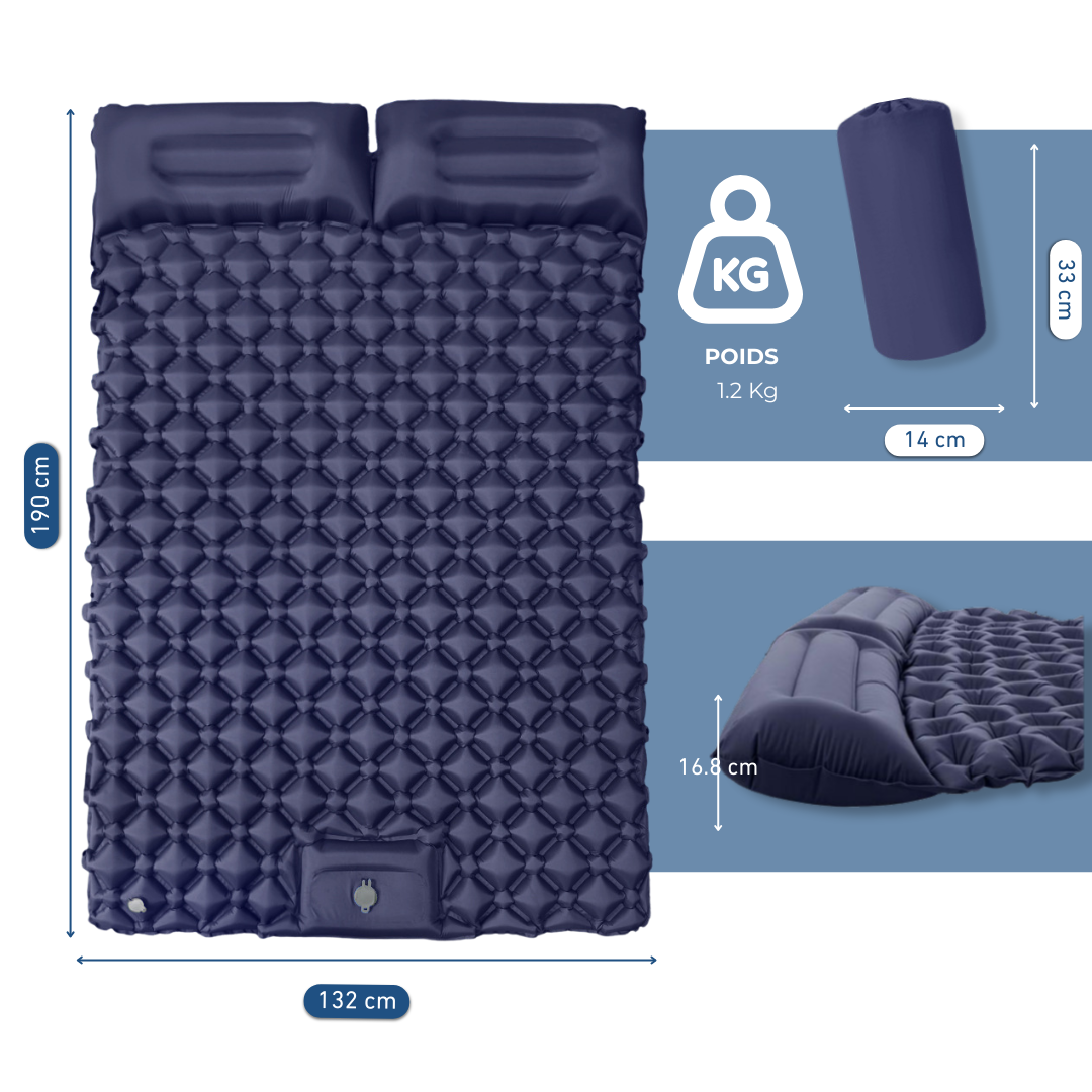Matelas gonflable double bleu avec oreillers intégrés pour camping