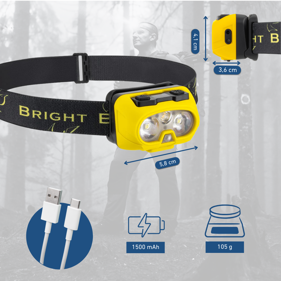 Lampe frontale LED rechargeable jaune avec bandeau réglable