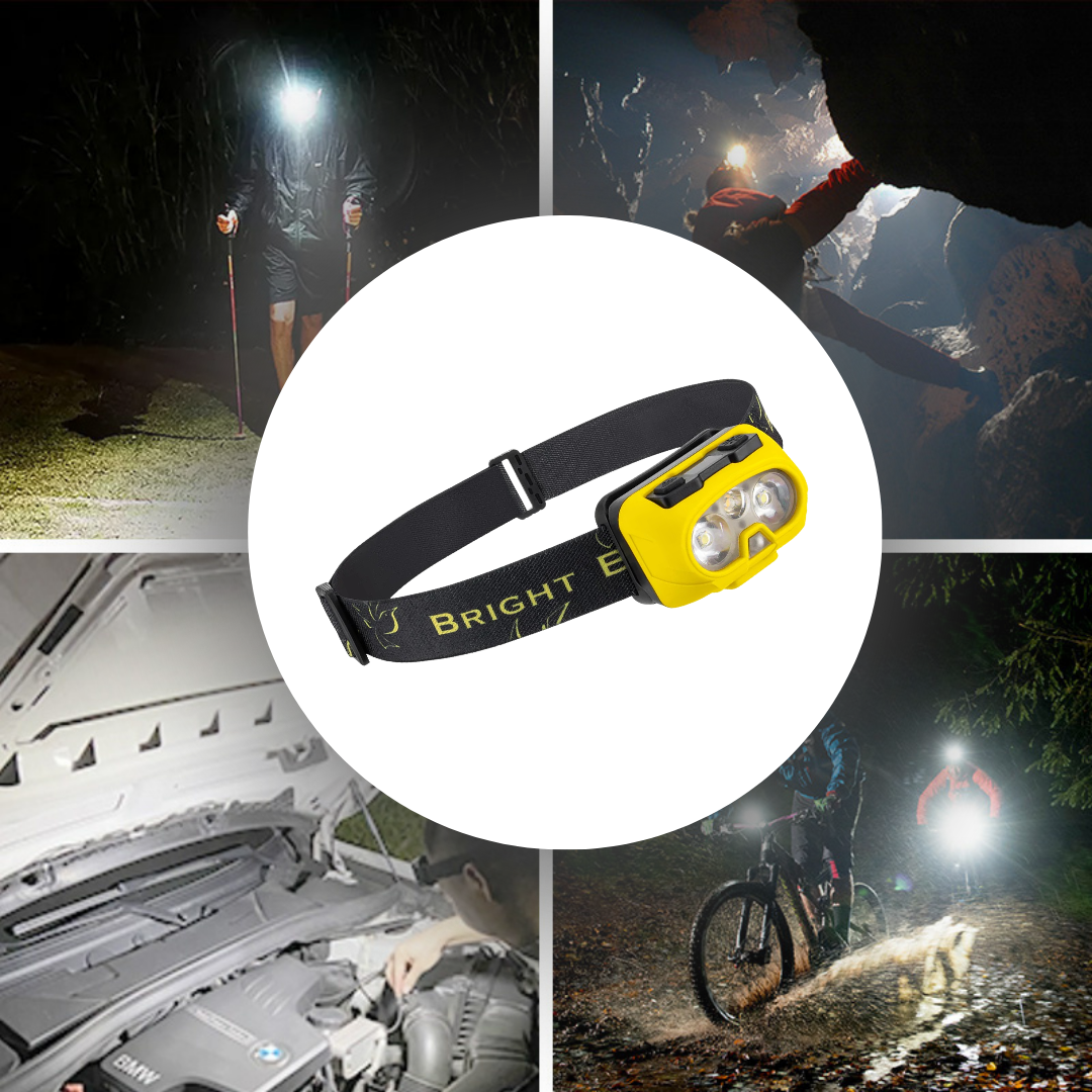 Lampe frontale LED rechargeable jaune avec bandeau réglable