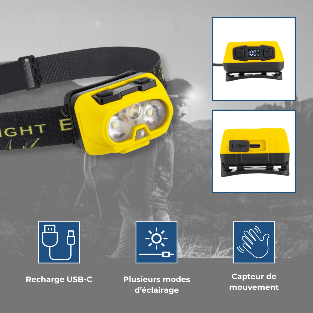 Lampe frontale LED rechargeable jaune avec bandeau réglable