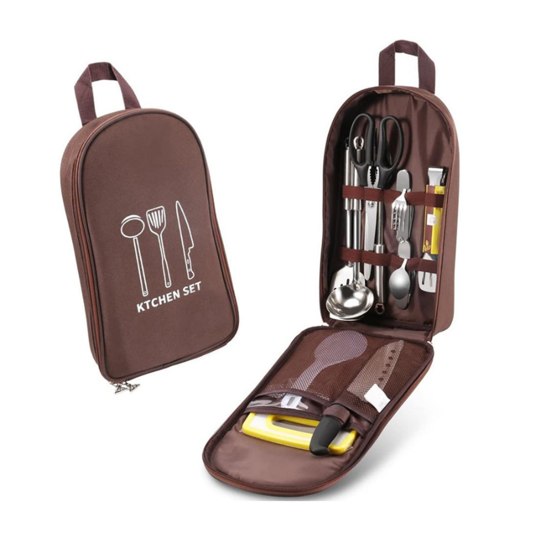 Kit d’ustensiles de cuisine pour camping avec housse de rangement