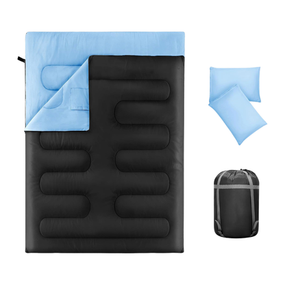 Sac De Couchage Double Noir Et Bleu - Convertible  En Couette Avec Oreillers