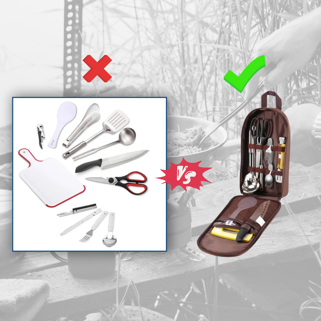 Kit d’ustensiles de cuisine pour camping avec housse de rangement