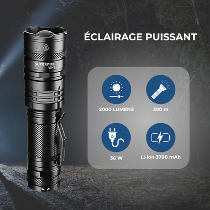 Lampe torche LED rechargeable puissante avec zoom et modes d’éclairage