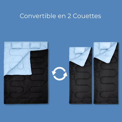 Sac De Couchage Double Noir Et Bleu - Convertible  En Couette Avec Oreillers