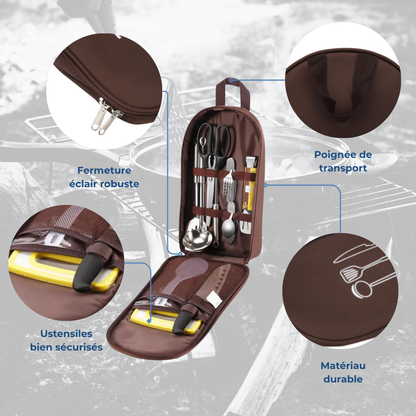 Kit d’ustensiles de cuisine pour camping avec housse de rangement
