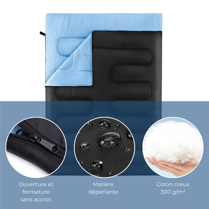 Sac De Couchage Double Noir Et Bleu - Convertible  En Couette Avec Oreillers