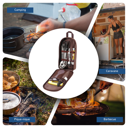 Kit d’ustensiles de cuisine pour camping avec housse de rangement