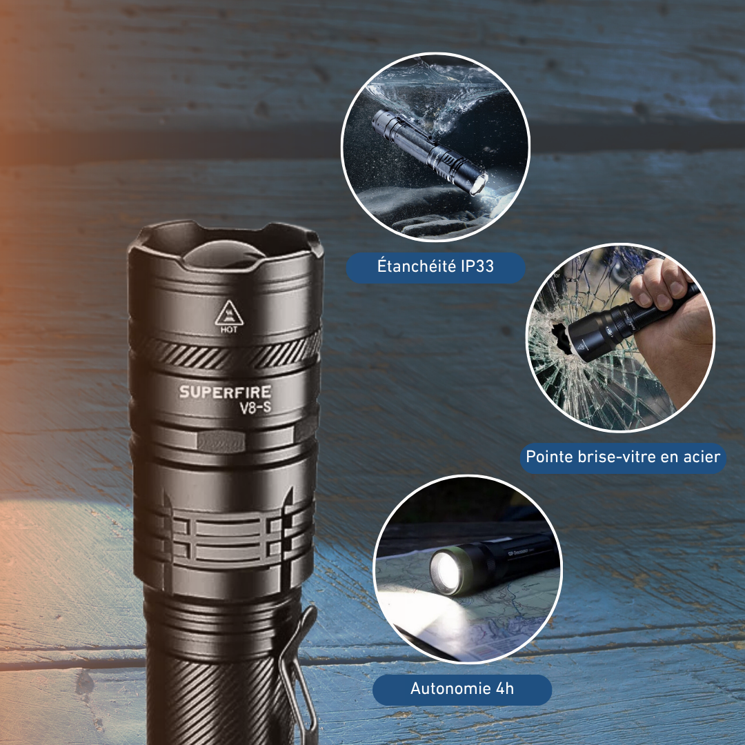 Lampe torche LED rechargeable puissante avec zoom et modes d’éclairage