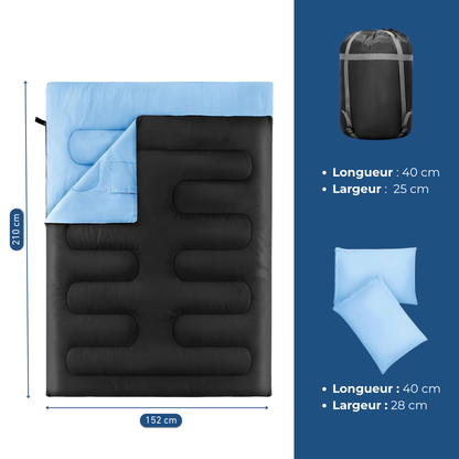 Sac De Couchage Double Noir Et Bleu - Convertible  En Couette Avec Oreillers