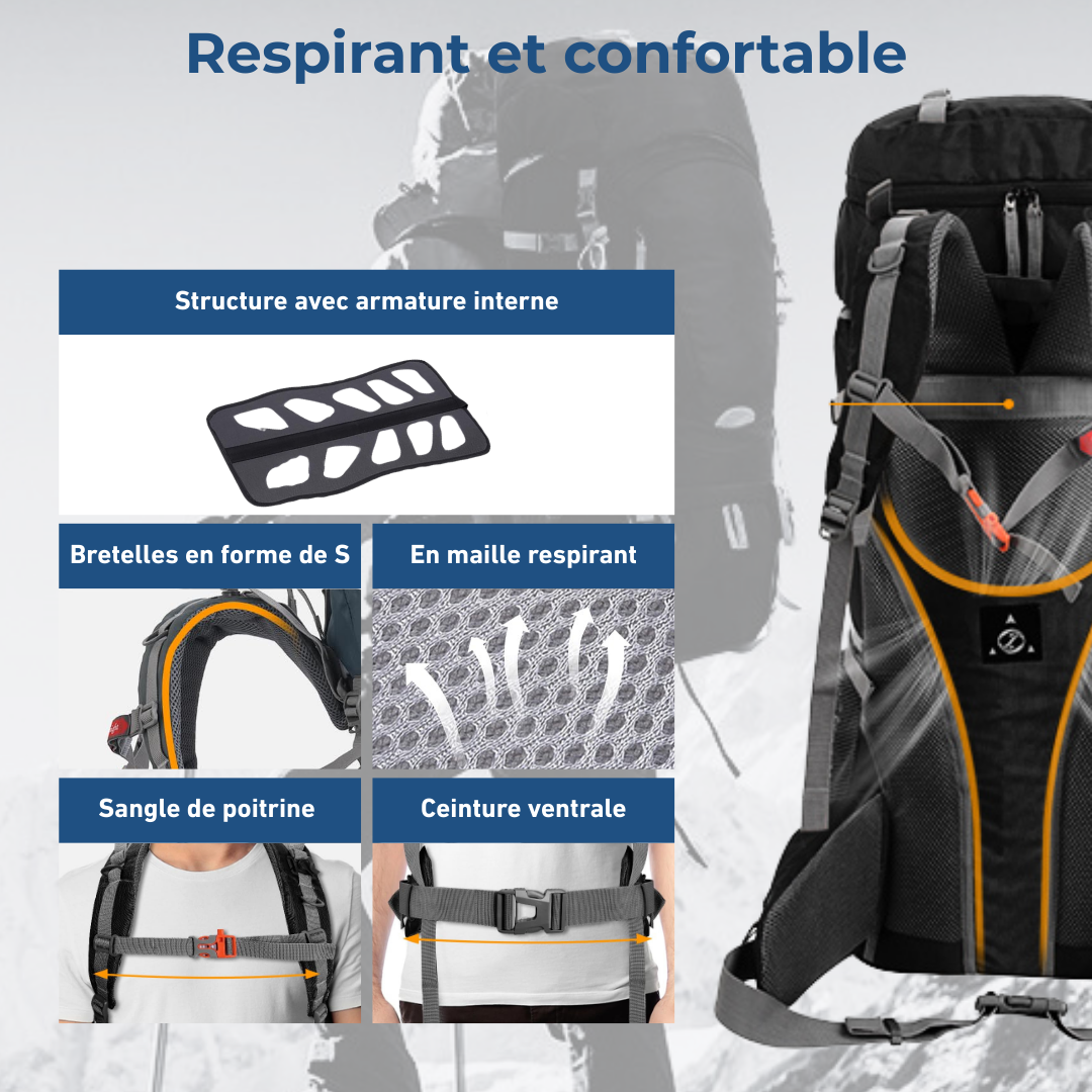 Sac à dos de trekking noir grande capacité multi-compartiments