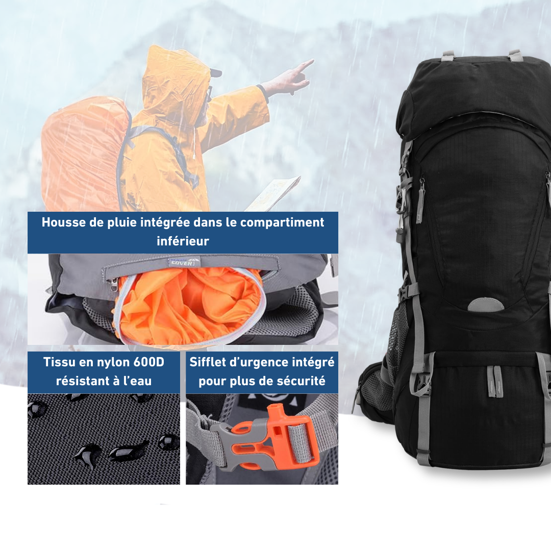 Sac à dos de trekking noir grande capacité multi-compartiments