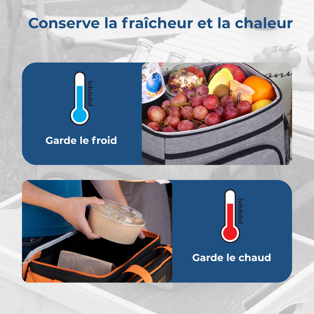 Sac isotherme gris de grande capacité pour pique-nique et camping