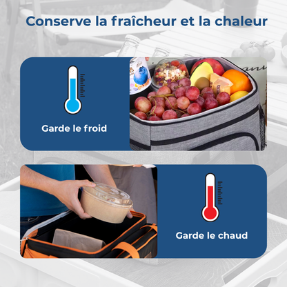 Sac isotherme gris de grande capacité pour pique-nique et camping