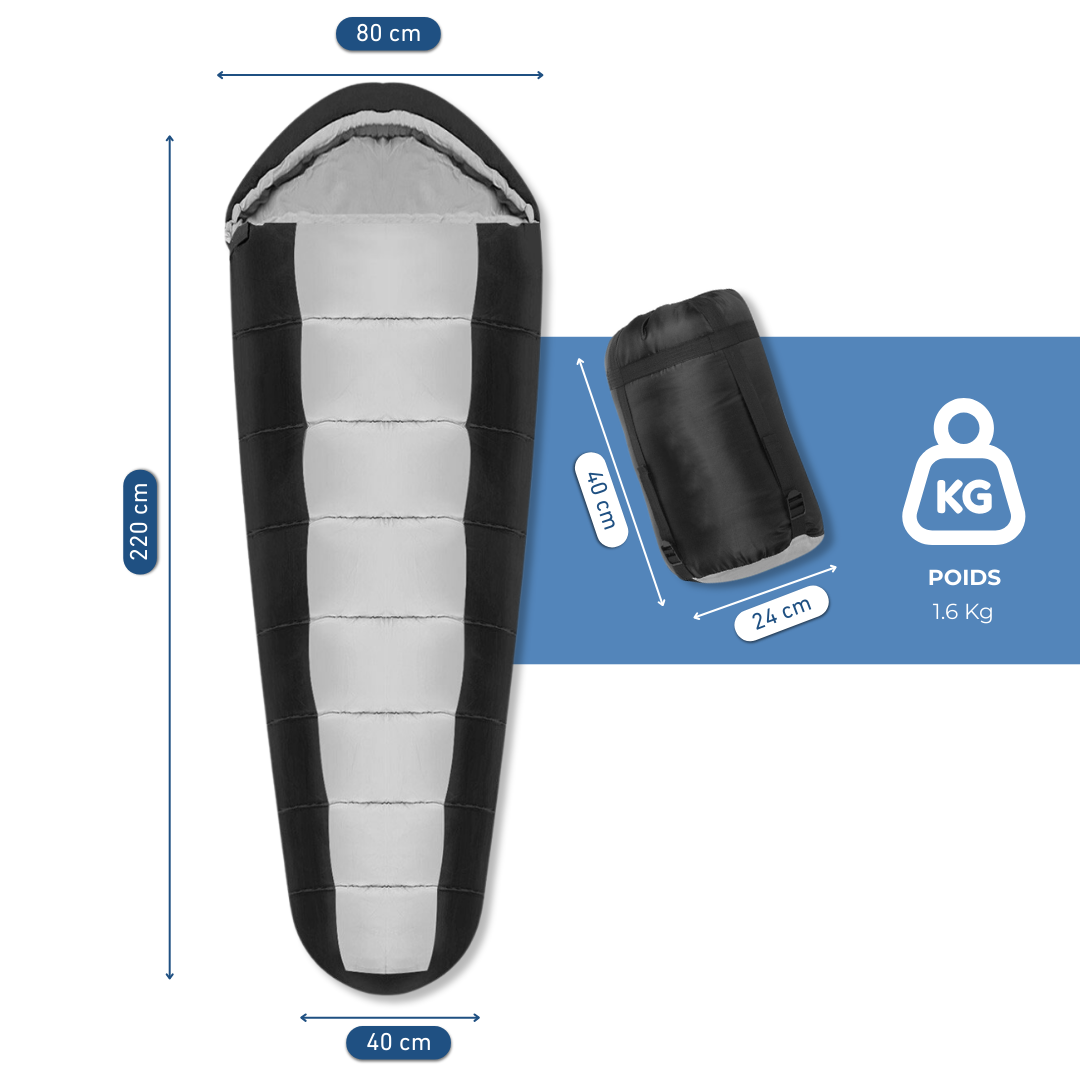 Sac De Couchage Momie Noir Et Gris - Léger Compact Avec Housse