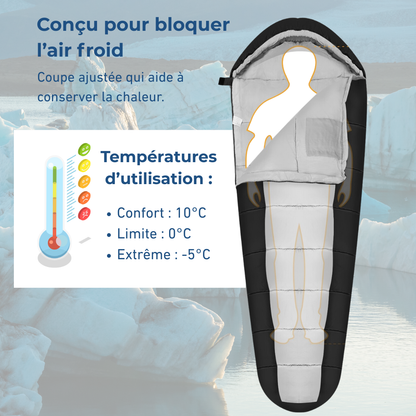 Sac De Couchage Momie Noir Et Gris - Léger Compact Avec Housse