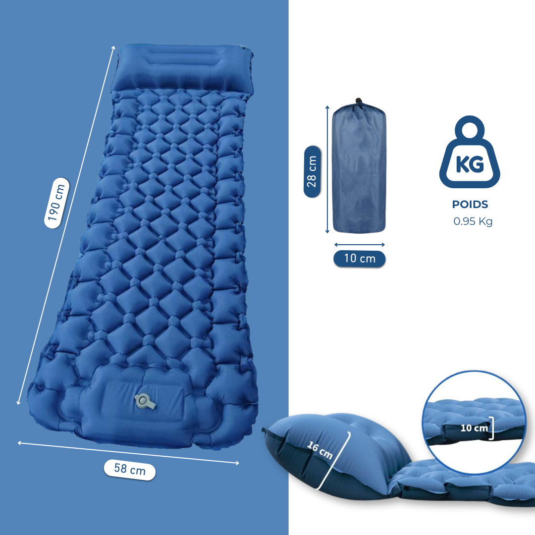 Matelas Gonflable Bleu Ultraléger Avec Oreiller Pour Camping
