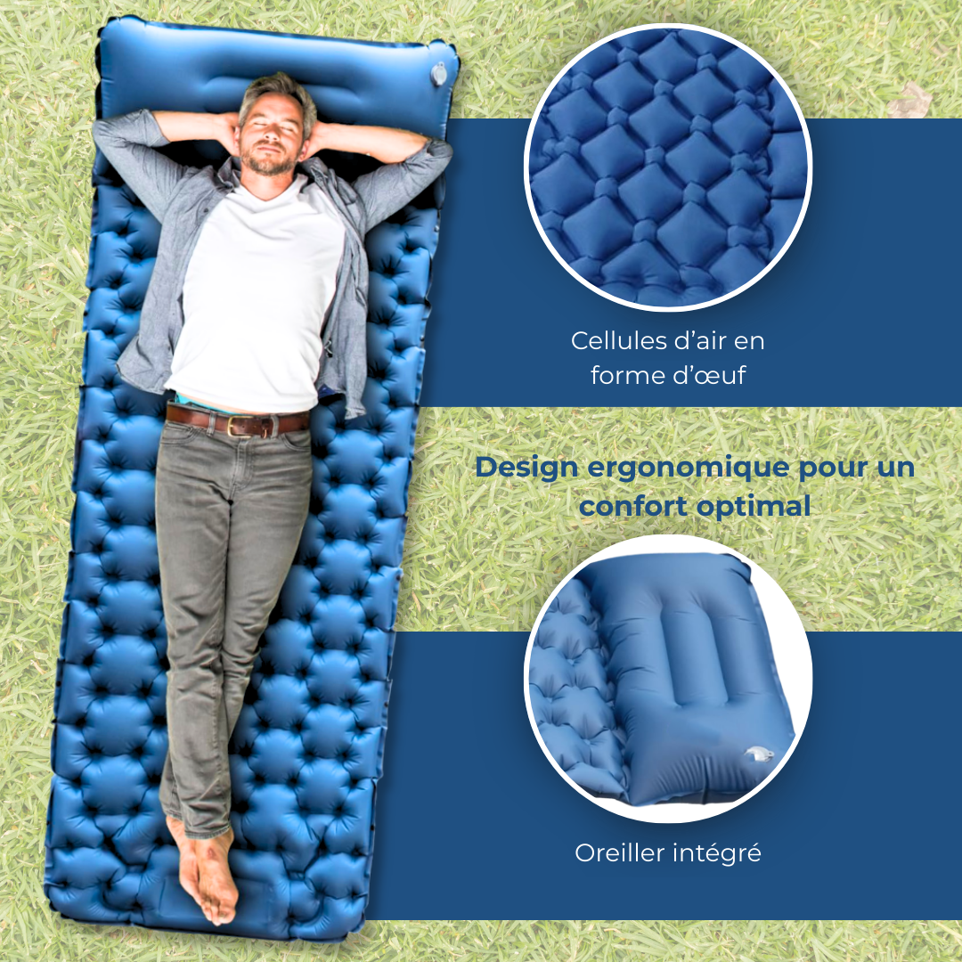 Matelas Gonflable Bleu Ultraléger Avec Oreiller Pour Camping
