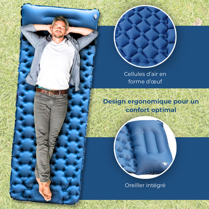 Matelas Gonflable Bleu Ultraléger Avec Oreiller Pour Camping