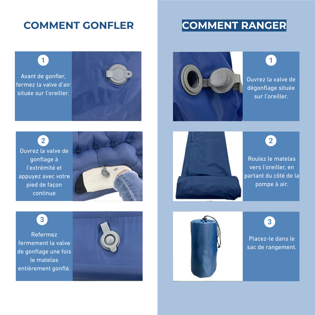 Matelas Gonflable Bleu Ultraléger Avec Oreiller Pour Camping