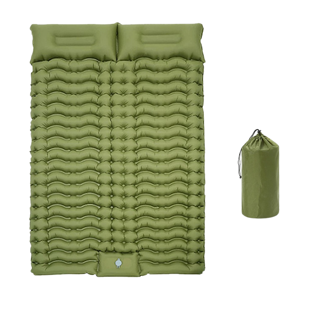 Matelas gonflable double vert avec oreillers intégrés pour camping