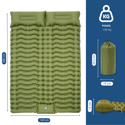 Matelas gonflable double vert avec oreillers intégrés pour camping