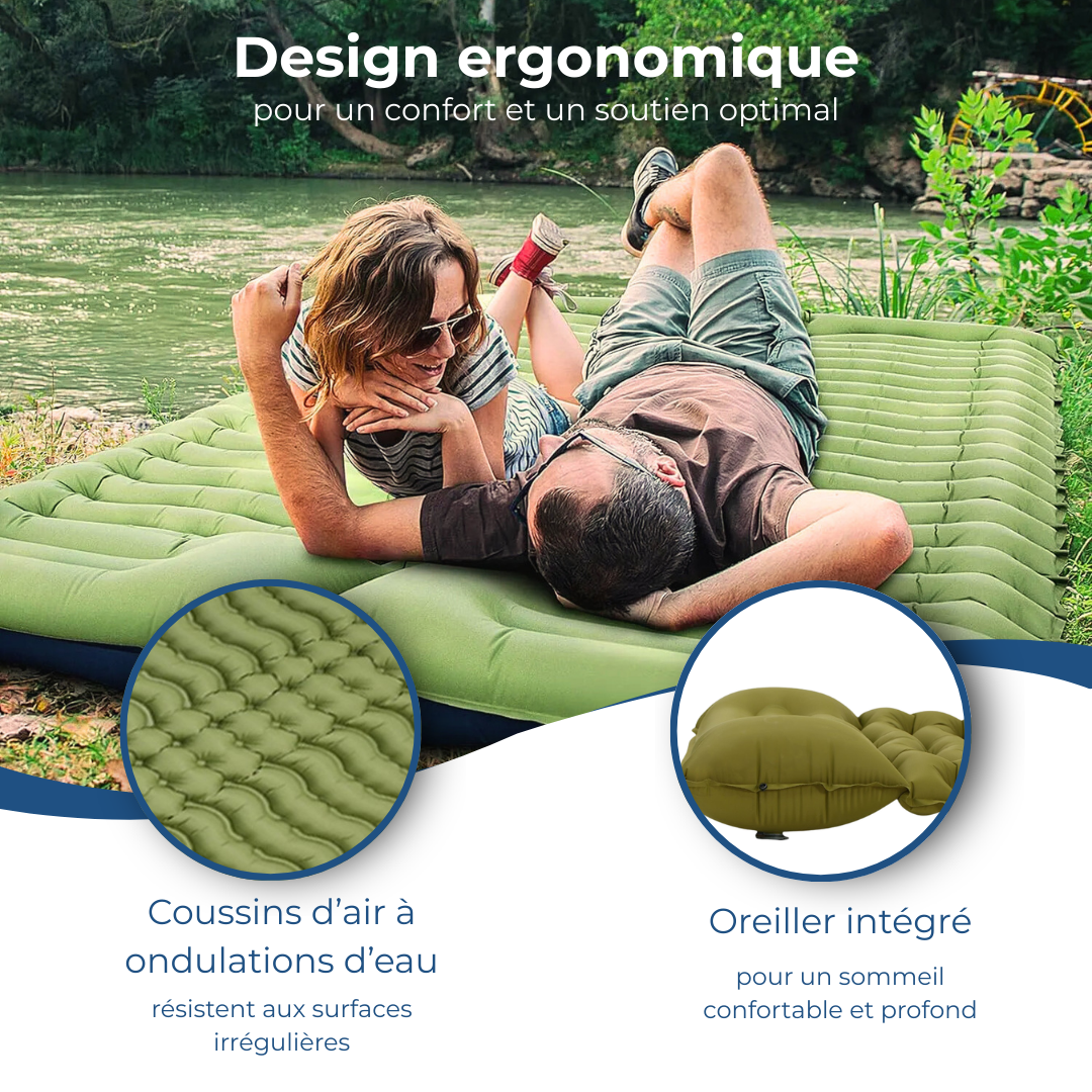 Matelas gonflable double vert avec oreillers intégrés pour camping