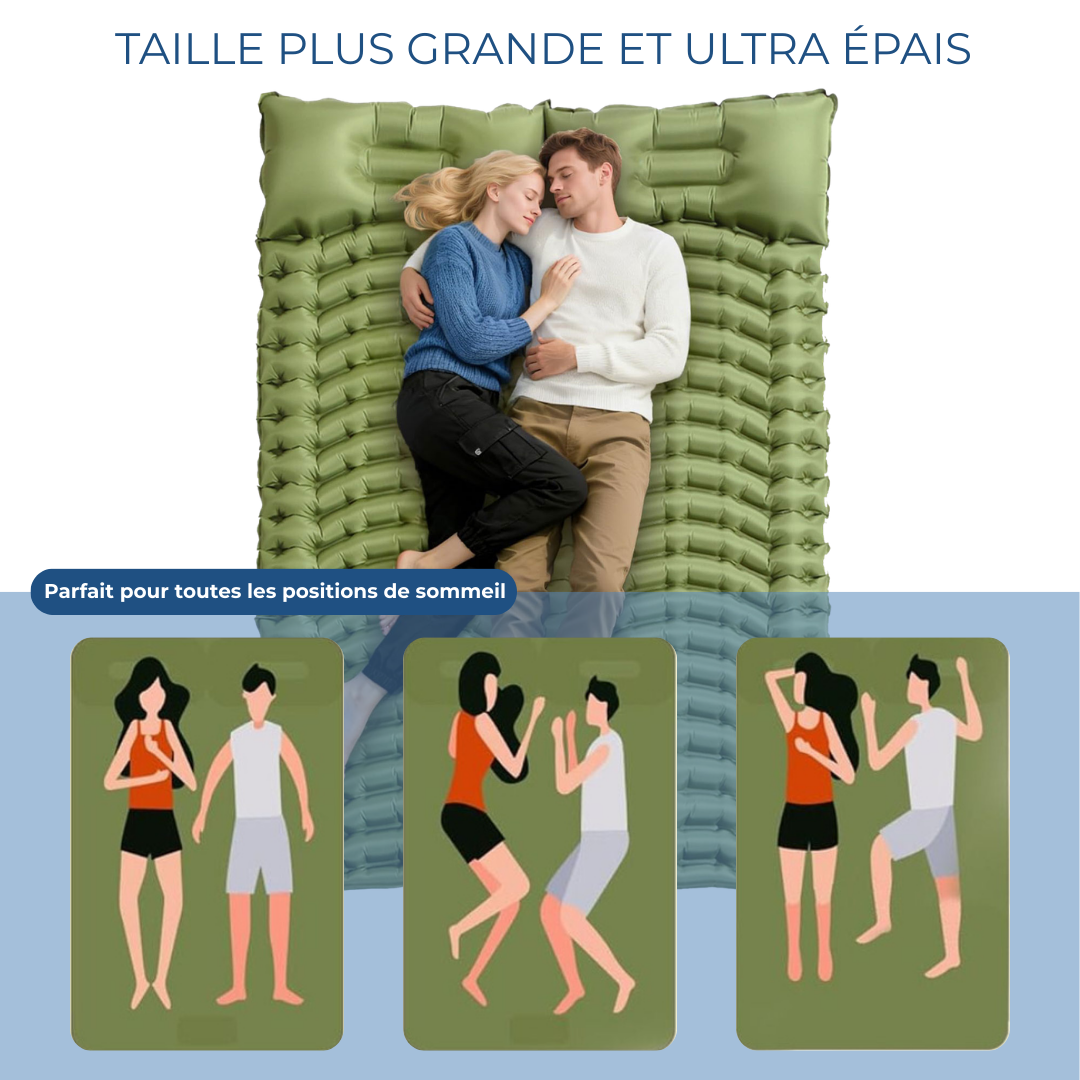 Matelas gonflable double vert avec oreillers intégrés pour camping
