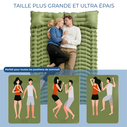 Matelas gonflable double vert avec oreillers intégrés pour camping
