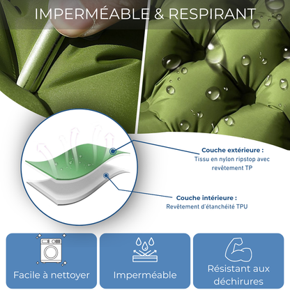 Matelas gonflable double vert avec oreillers intégrés pour camping
