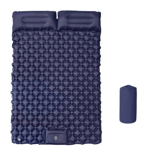 Matelas gonflable double bleu avec oreillers intégrés pour camping