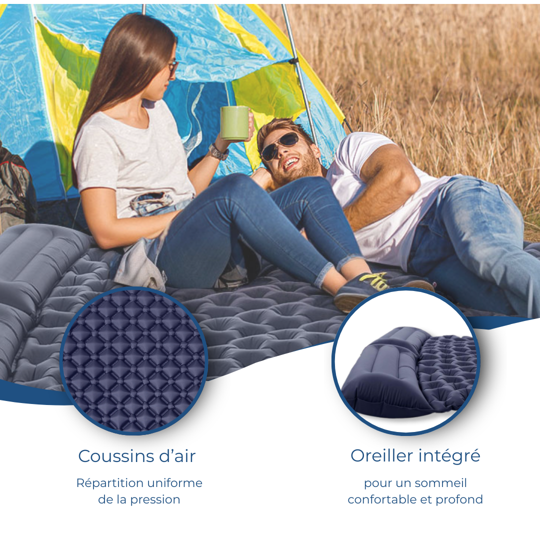 Matelas gonflable double bleu avec oreillers intégrés pour camping