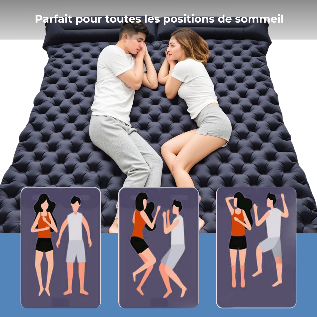 Matelas gonflable double bleu avec oreillers intégrés pour camping