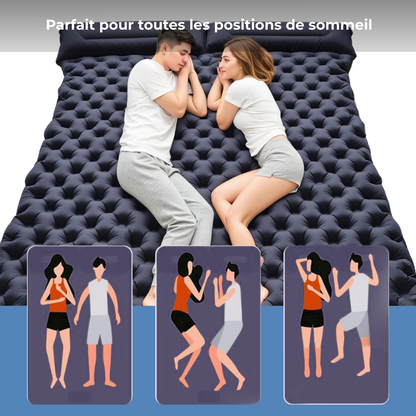 Matelas gonflable double bleu avec oreillers intégrés pour camping