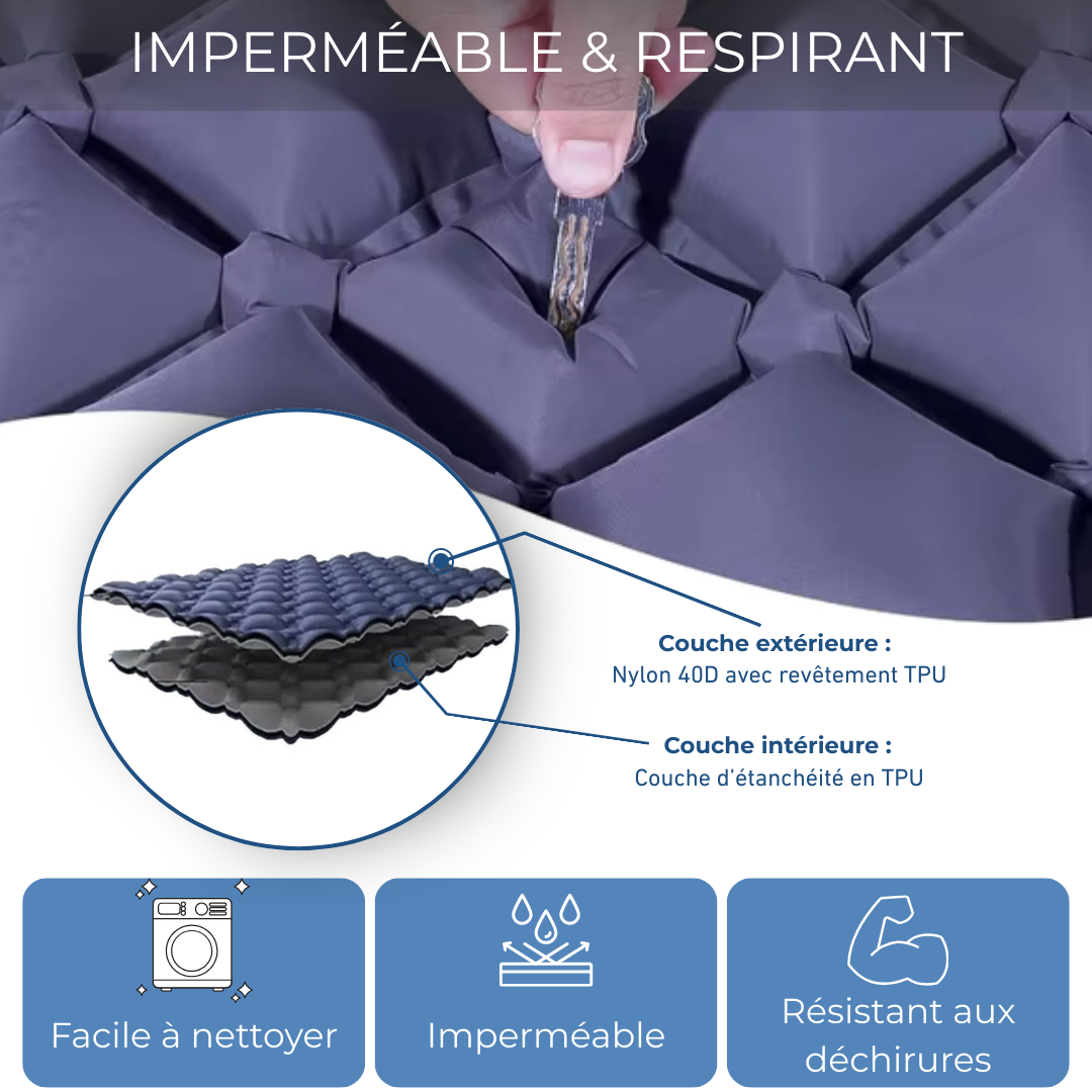 Matelas gonflable double bleu avec oreillers intégrés pour camping