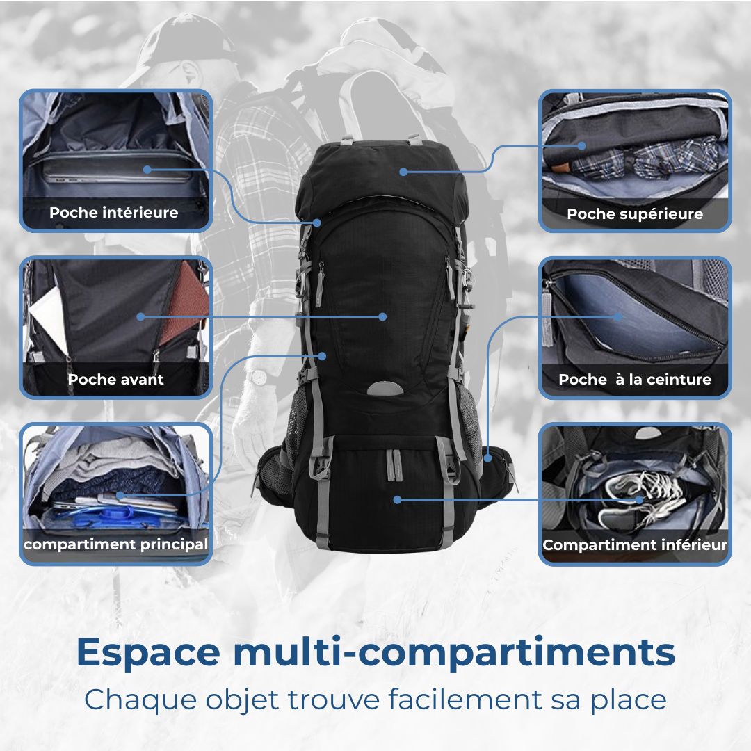 Sac à dos de trekking noir grande capacité multi-compartiments