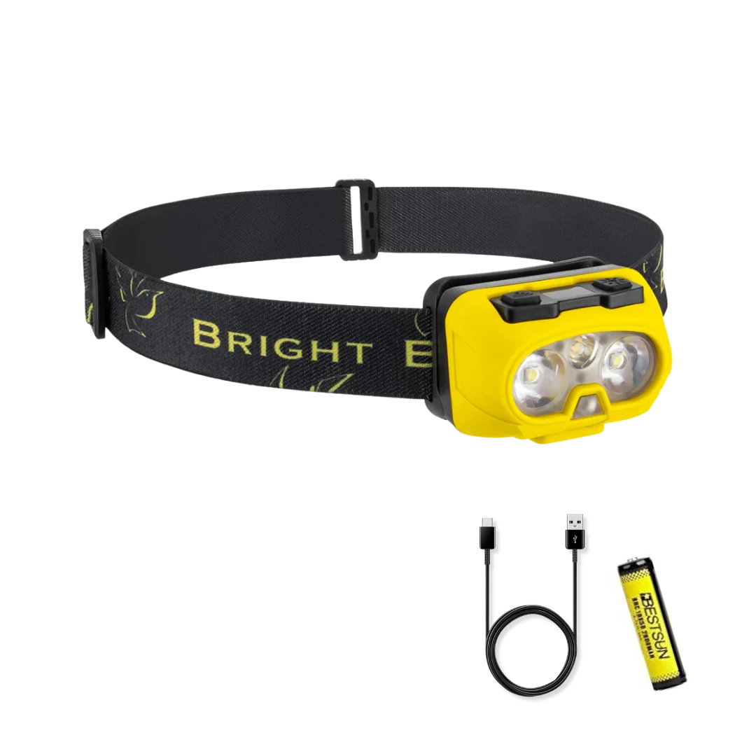 Lampe frontale LED rechargeable jaune avec bandeau réglable
